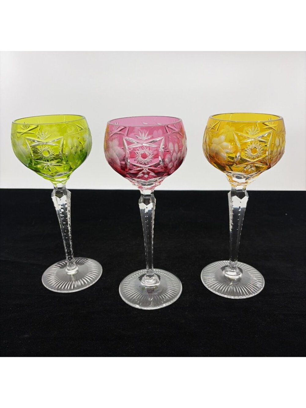 Vintage Ajka Marsala Multicolor Tall Hock Wine Glasses Set of 3 Crystal 8"